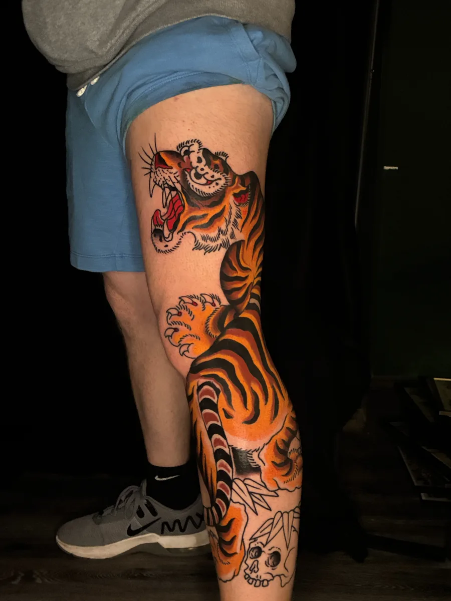 Japanese roaring tiger leg sleeve tattoo in orange and black by Reed Drury at True North Tattoo in Lancaster, PA
